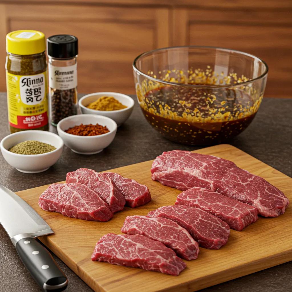 Trimmed beef for jerky preparation with spices and marinade on a kitchen countertop