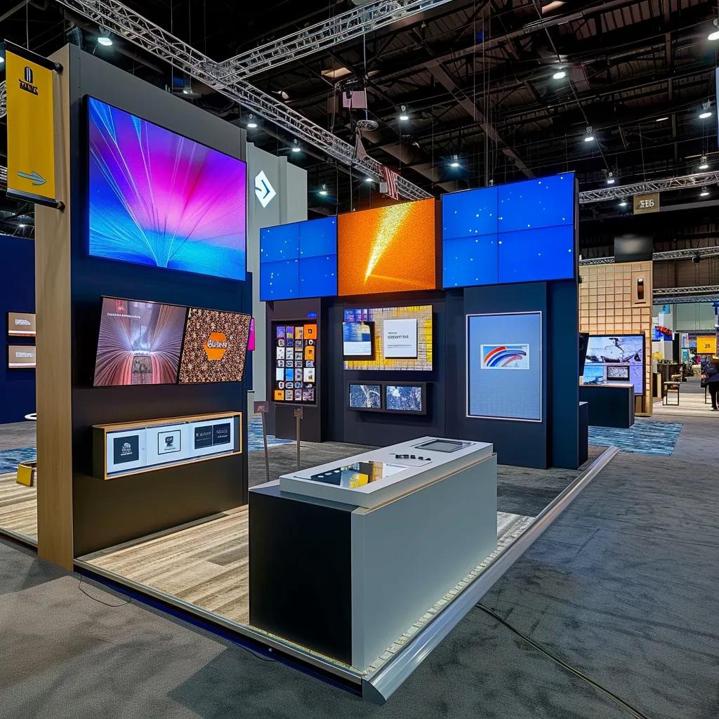 Variety of custom brand displays at a trade show, including interactive kiosks and modular systems