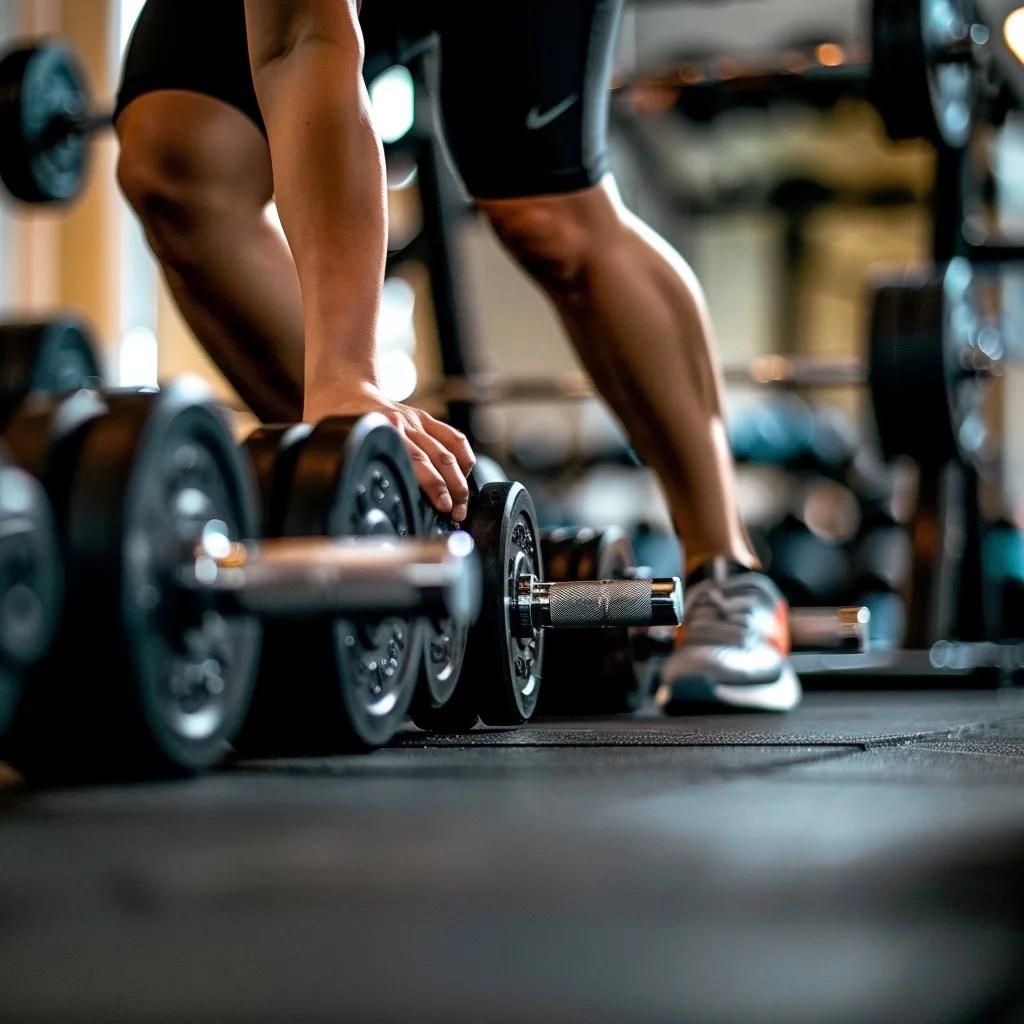 Individual demonstrating proper form with various free weights in a gym setting, showcasing strength training