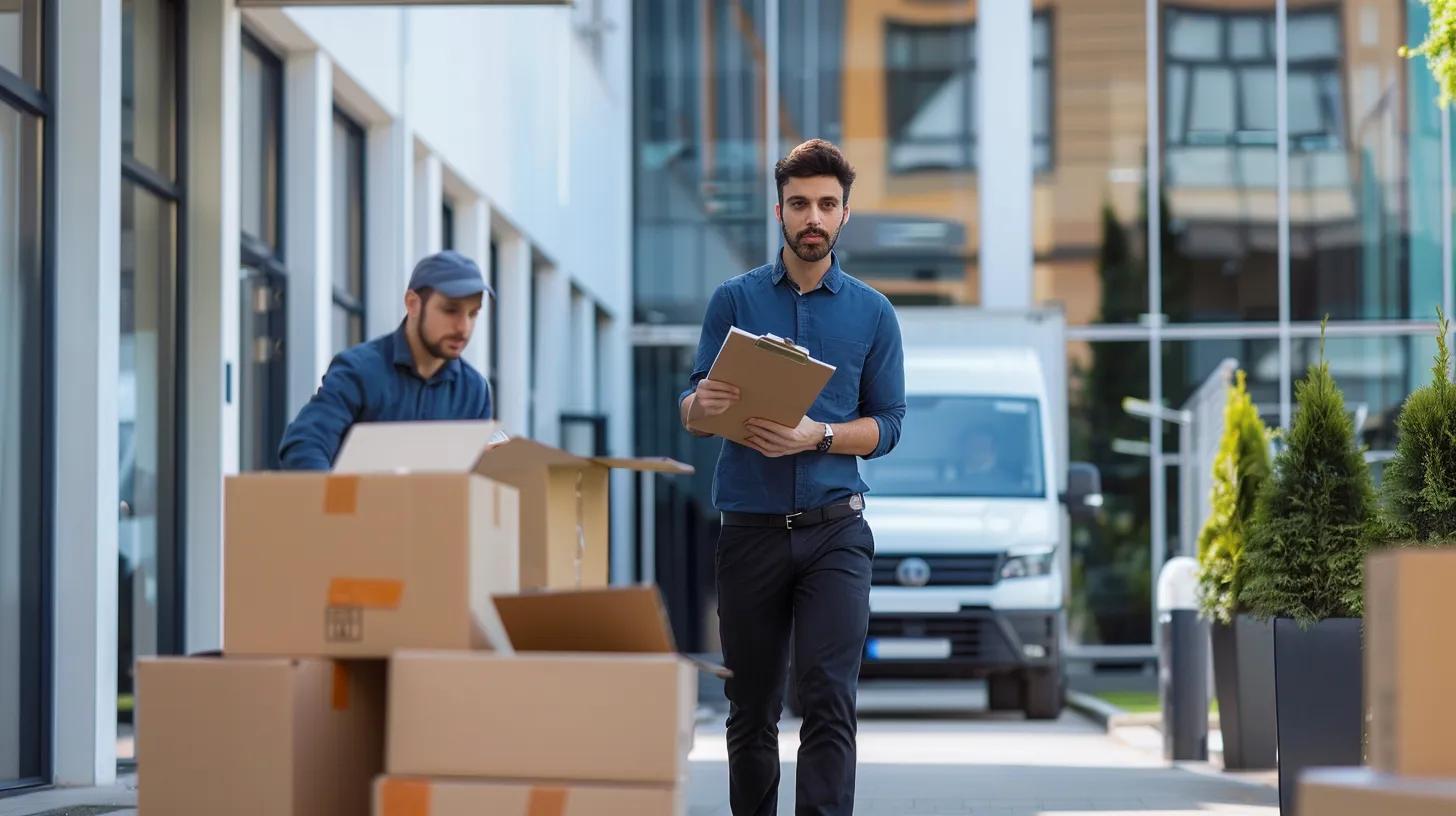 A modern office relocation scene showing uniformed professional movers carefully packing office items. Include labeled boxes, desks, computers, ergonomic chairs, and documents being organized. A team leader holds a clipboard or tablet, coordinating the process. In the background, a sleek moving truck is parked outside a glass building. The atmosphere is calm, efficient, and well-organized, suggesting professionalism and speed.