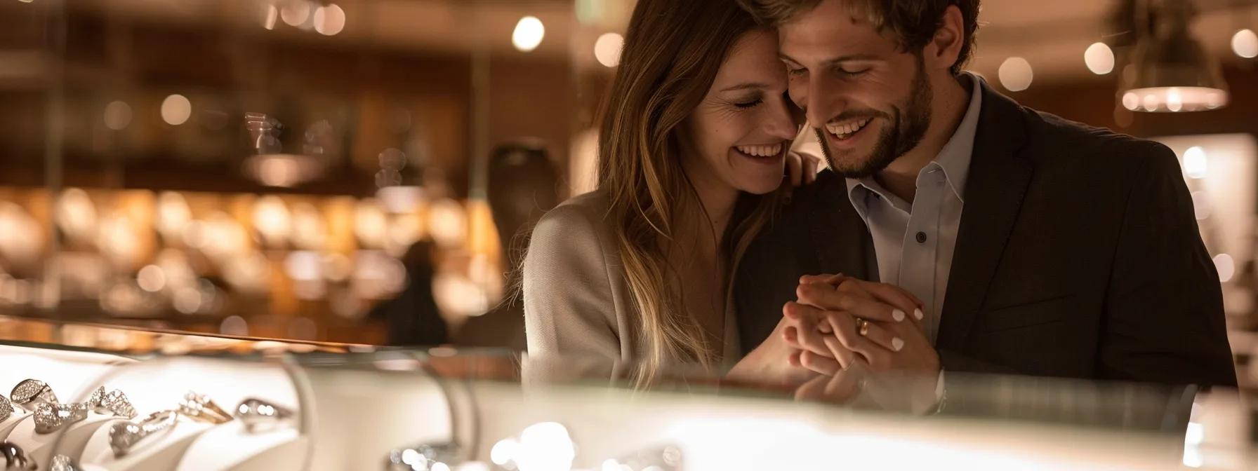 a stylish couple admires a selection of unique tungsten wedding rings displayed under soft, focused lighting in a sleek, modern jewelry store, reflecting both elegance and individuality. a stylish couple admires a selection of unique tungsten wedding rings displayed under soft, focused lighting in a sleek, modern jewelry store, reflecting both elegance and individuality.