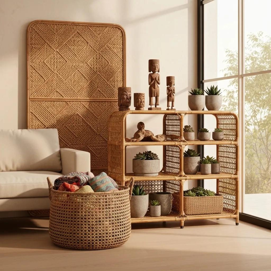 Unique rattan storage and decorative pieces arranged in a stylish interior, emphasizing functionality and design