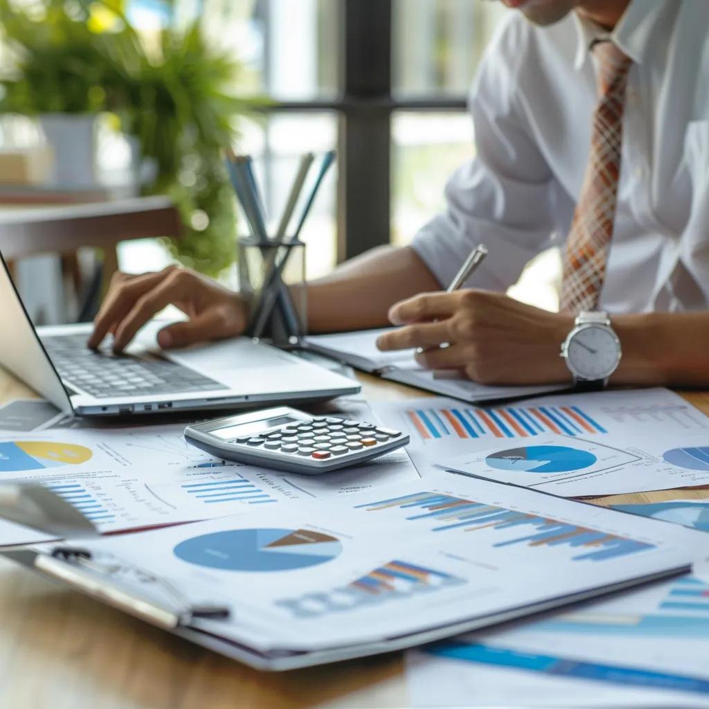 Business owner analyzing entity types and tax implications with documents and calculator