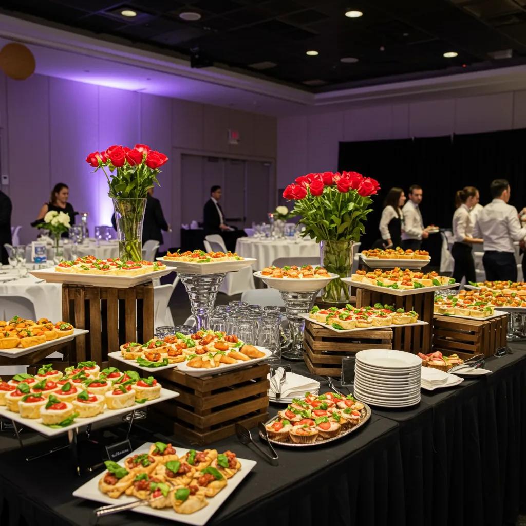 An upscale catering setup at a special event, showcasing gourmet dishes and elegant decor