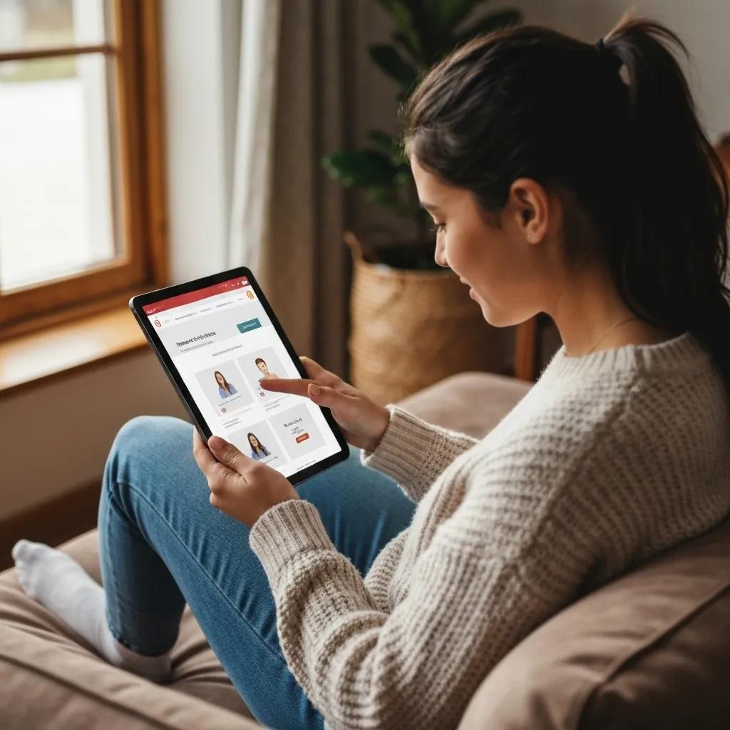 A person happily interacting with a website on a tablet in a comfortable setting