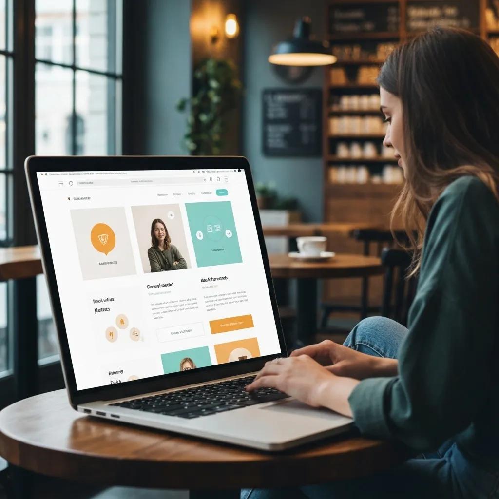 Woman using a laptop in a coffee shop, showcasing a modern website design focused on user engagement and intuitive navigation, reflecting the benefits of website redesign services by SO Web Designs.