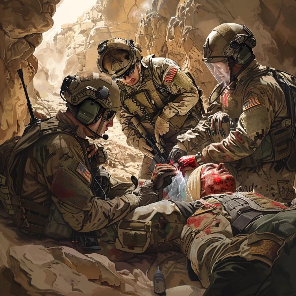 Tactical medic applying the MARCH algorithm in a combat scenario, focusing on life-saving interventions