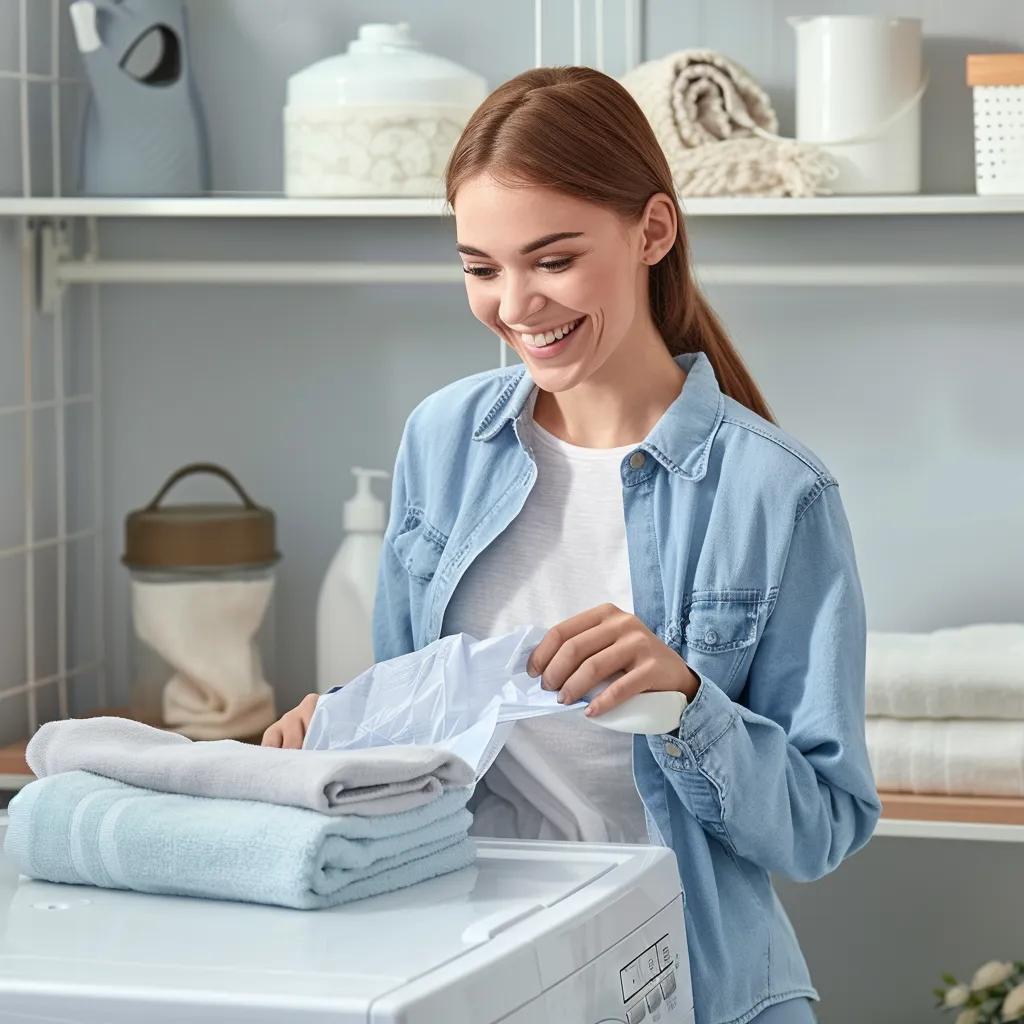 User enjoying the convenience of laundry sheets in a bright and organized laundry space