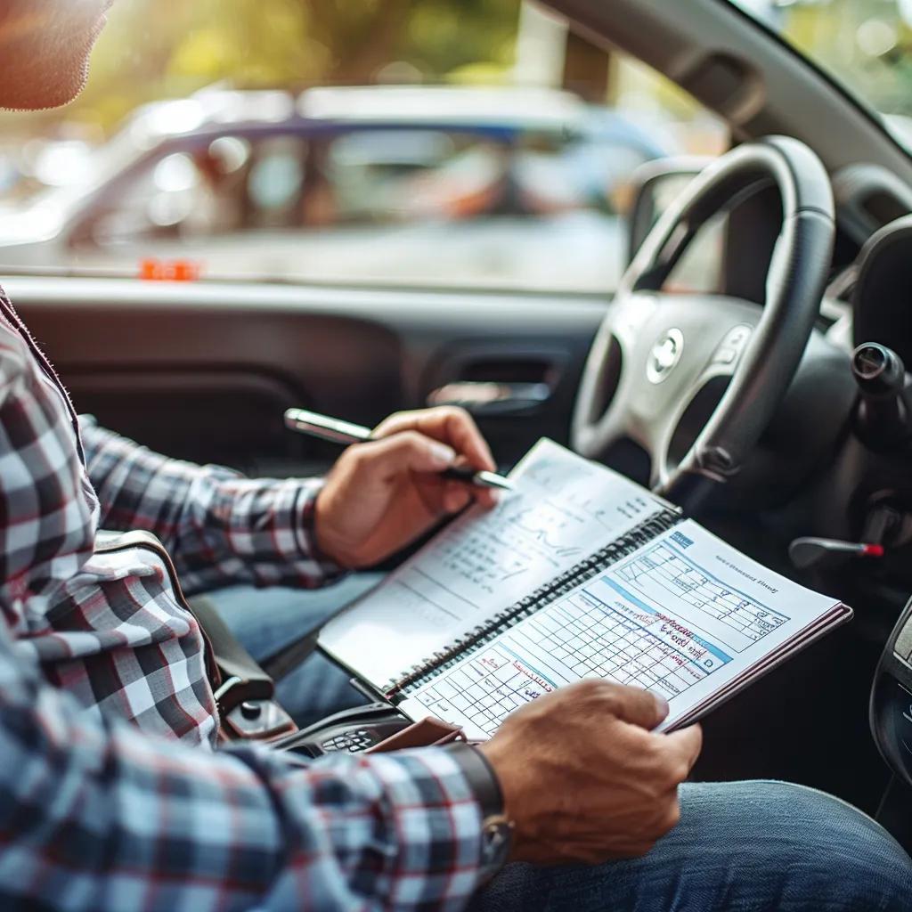 Small business owner in a vehicle with a notepad and mileage log, highlighting vehicle expense deductions