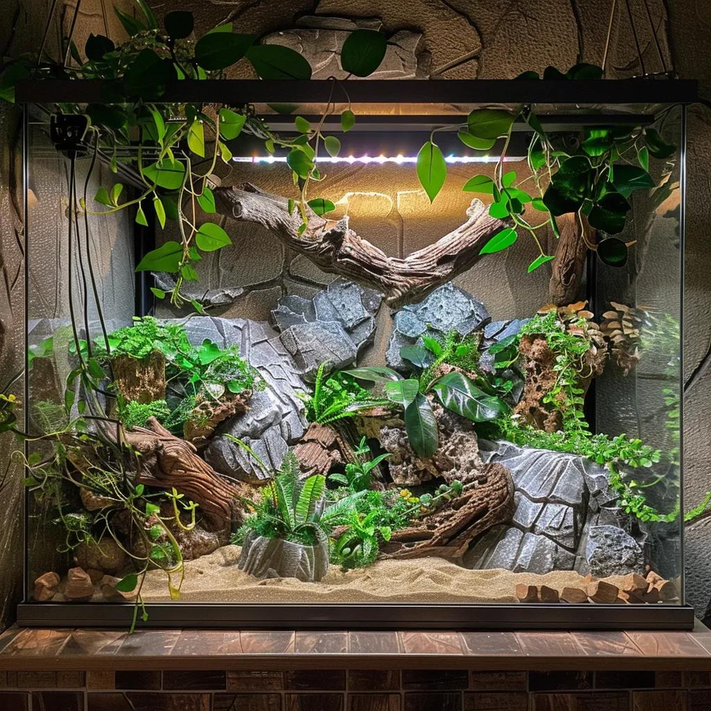 Optimal UVB lighting setup in a bearded dragon enclosure with basking and cooler zones