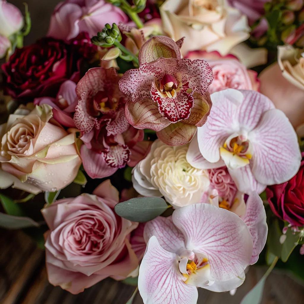 Close-up of premium flower varieties including roses, peonies, and orchids