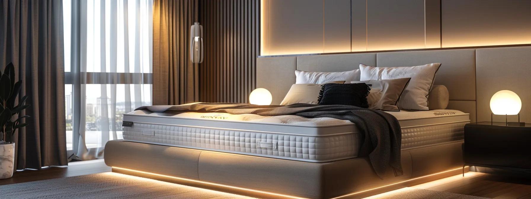 a sleek, modern bedroom showcases a variety of mattresses including memory foam, latex, and hybrid models, elegantly displayed on a stylish platform bed, with soft, ambient lighting enhancing the contemporary décor. a sleek, modern bedroom showcases a variety of mattresses including memory foam, latex, and hybrid models, elegantly displayed on a stylish platform bed, with soft, ambient lighting enhancing the contemporary décor.