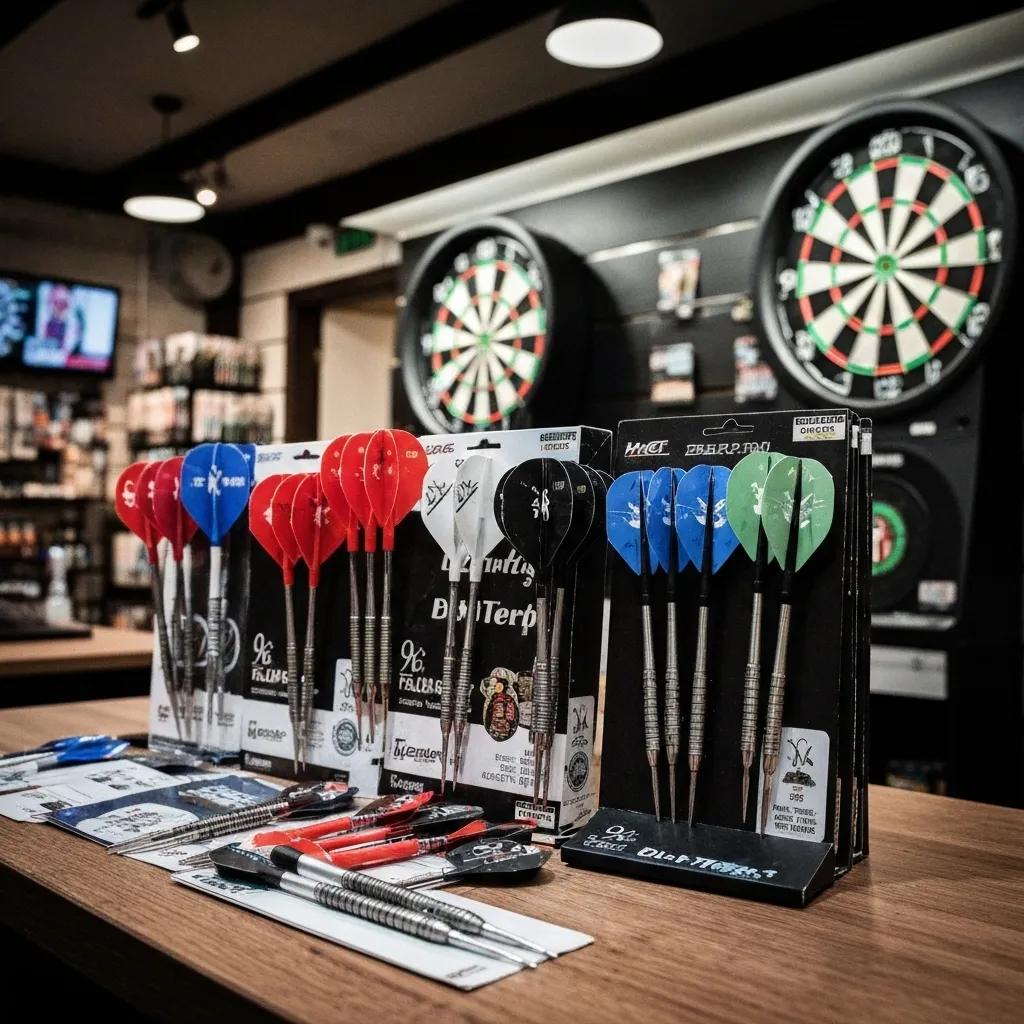 Variety of darts and dartboards in a local shop, showcasing options for players
