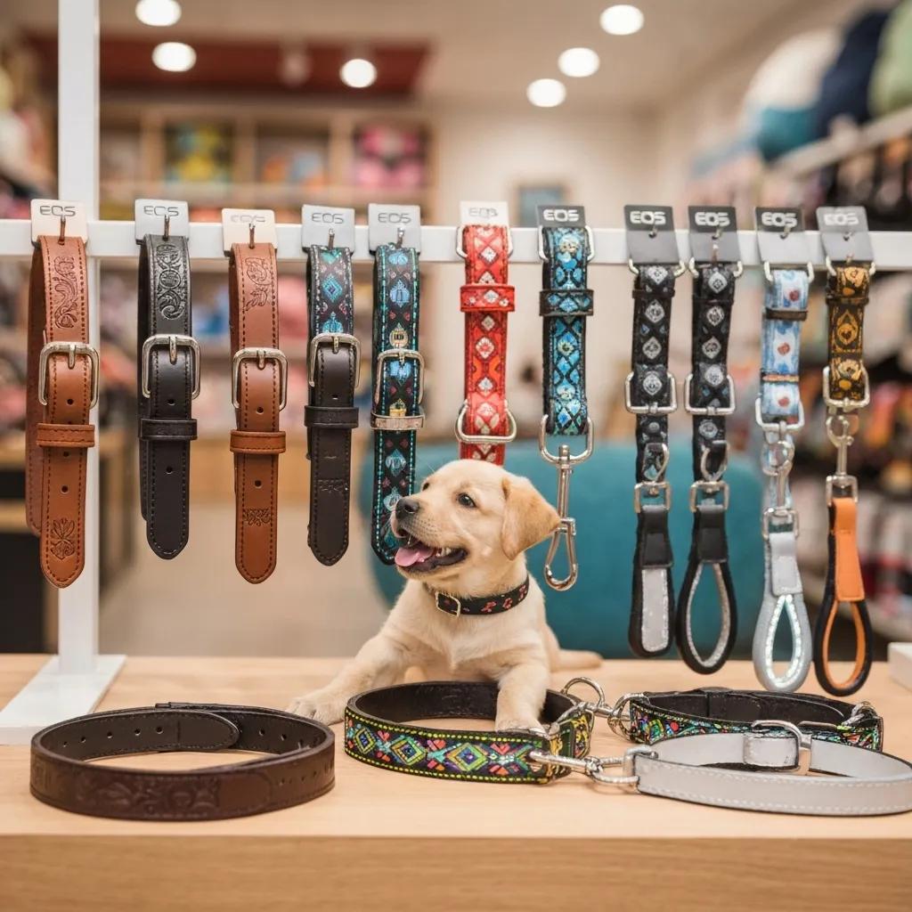 Variety of dog collars and leads displayed in a pet store, highlighting premium leather, adjustable nylon, and reflective options