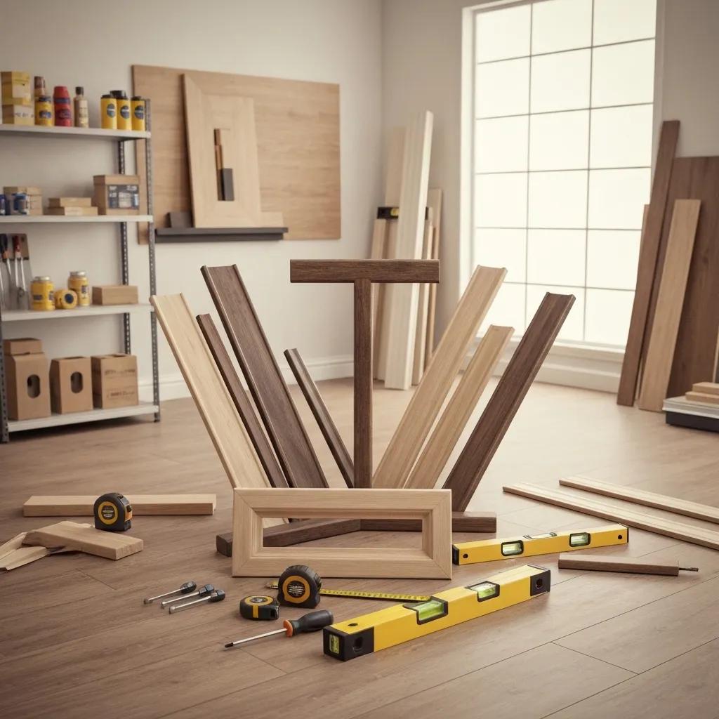 A selection of various flooring transition strips laid out in a workshop, offering practical choices for DIYers.
