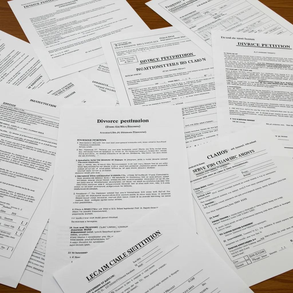 Variety of legal documents including divorce petitions and injunctions on a desk