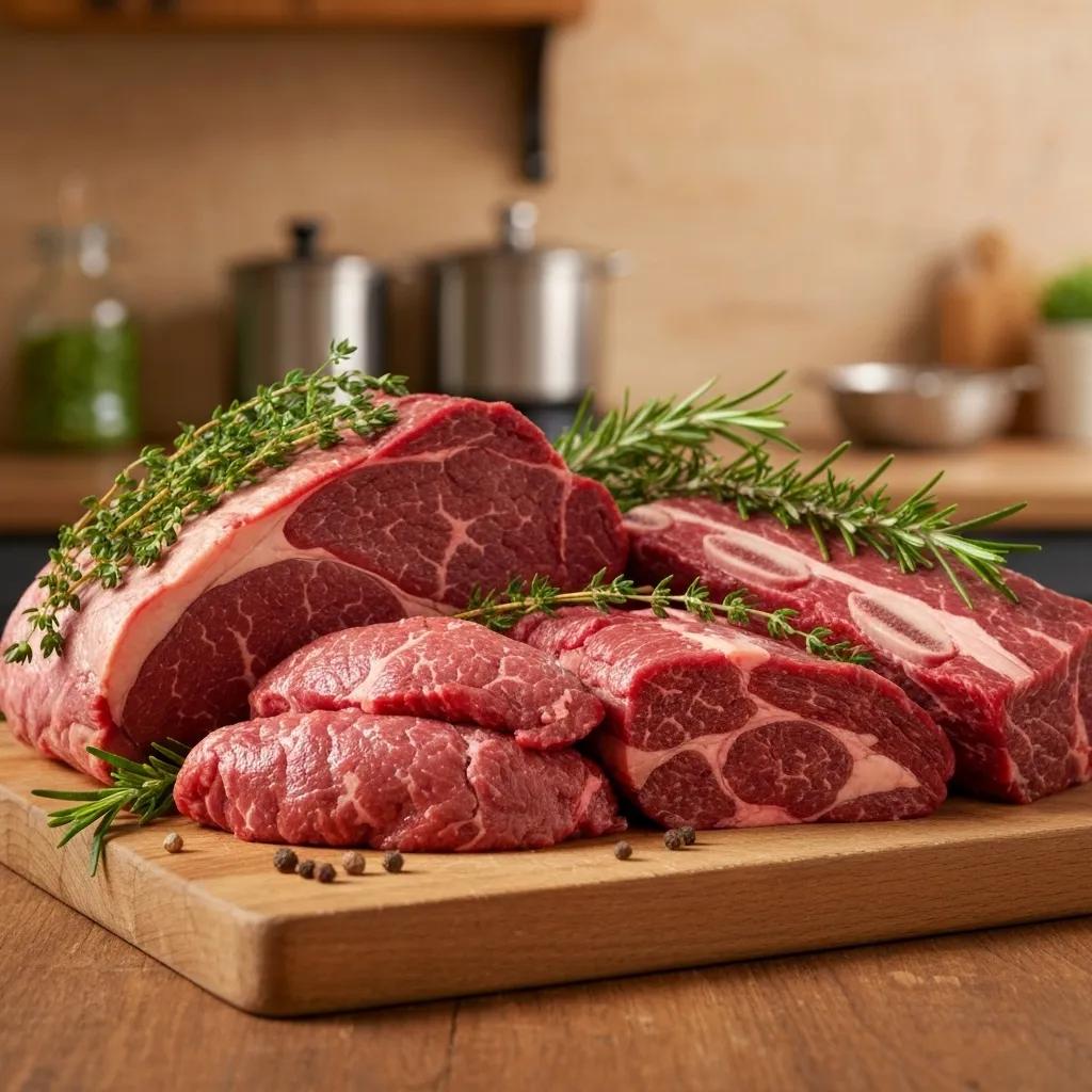 Various beef cuts for stew displayed on a cutting board with fresh herbs