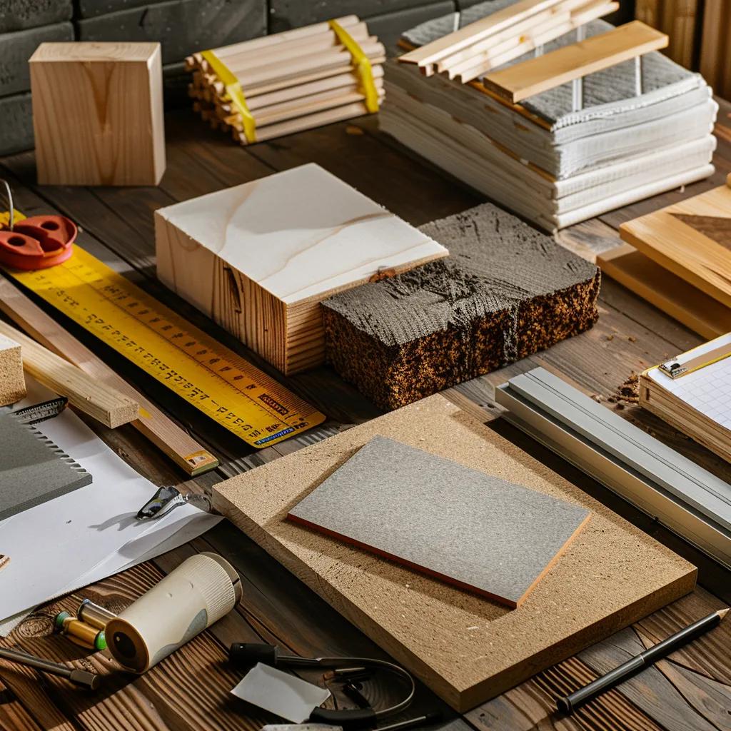 Collection of eco-friendly construction materials including recycled timber and low-carbon concrete, illustrating sustainable building principles