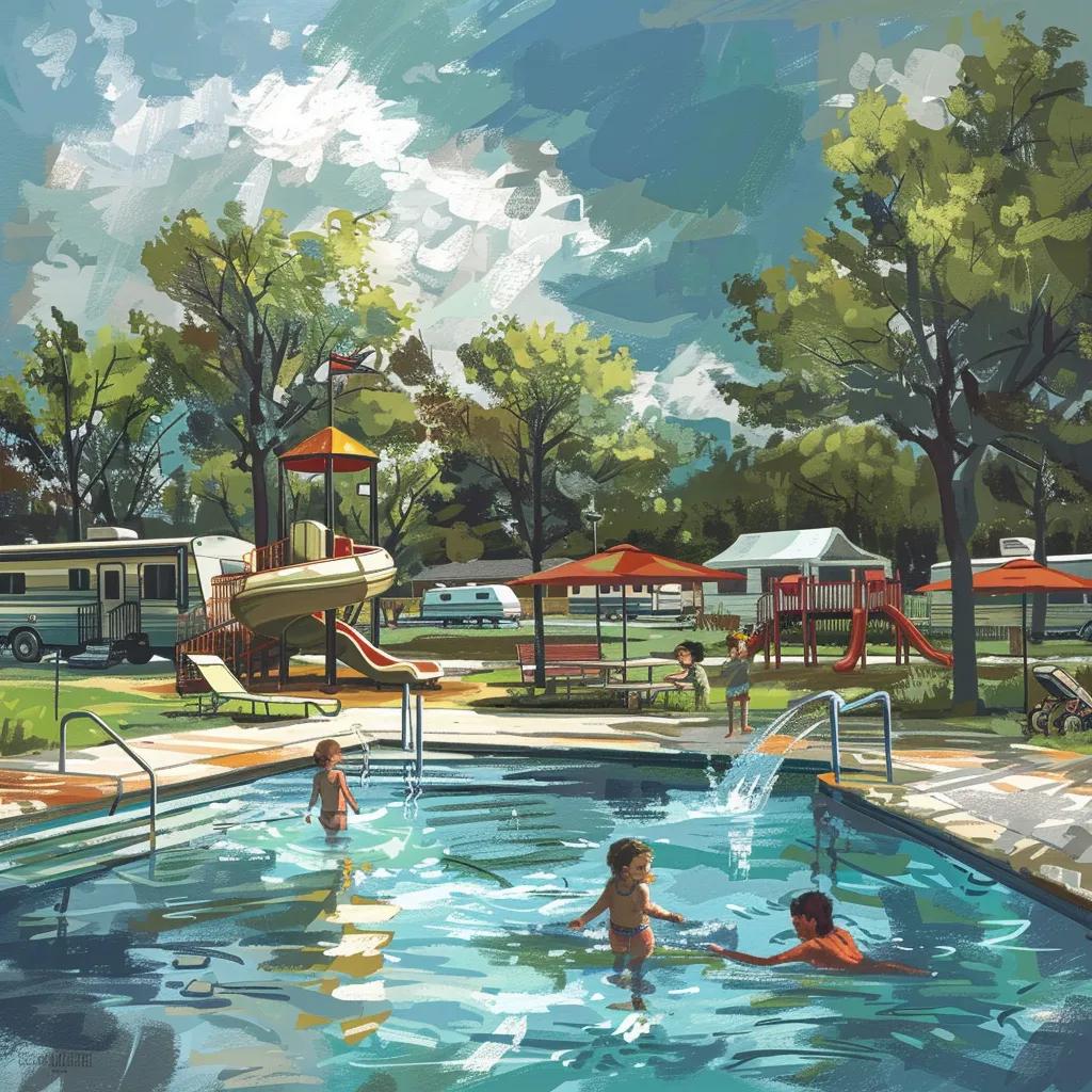 Family-friendly amenities at Verona RV parks, featuring a swimming pool and playground