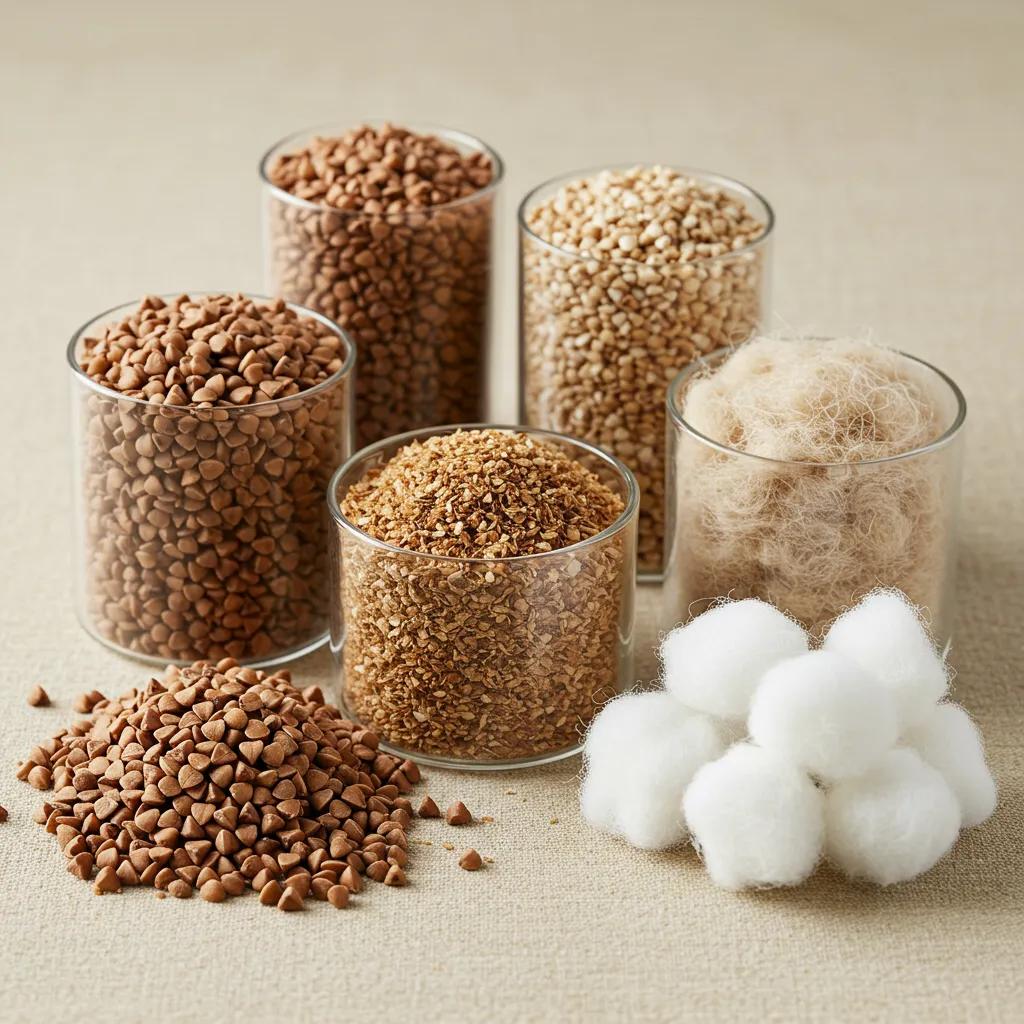 A variety of meditation cushion fill materials, including buckwheat hulls and kapok fibers, showcasing their textures