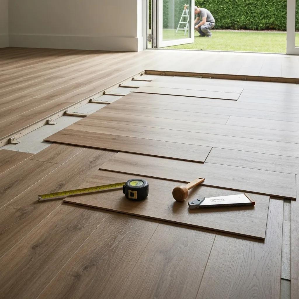 A display of various flooring materials, including laminate and engineered wood, alongside installation tools