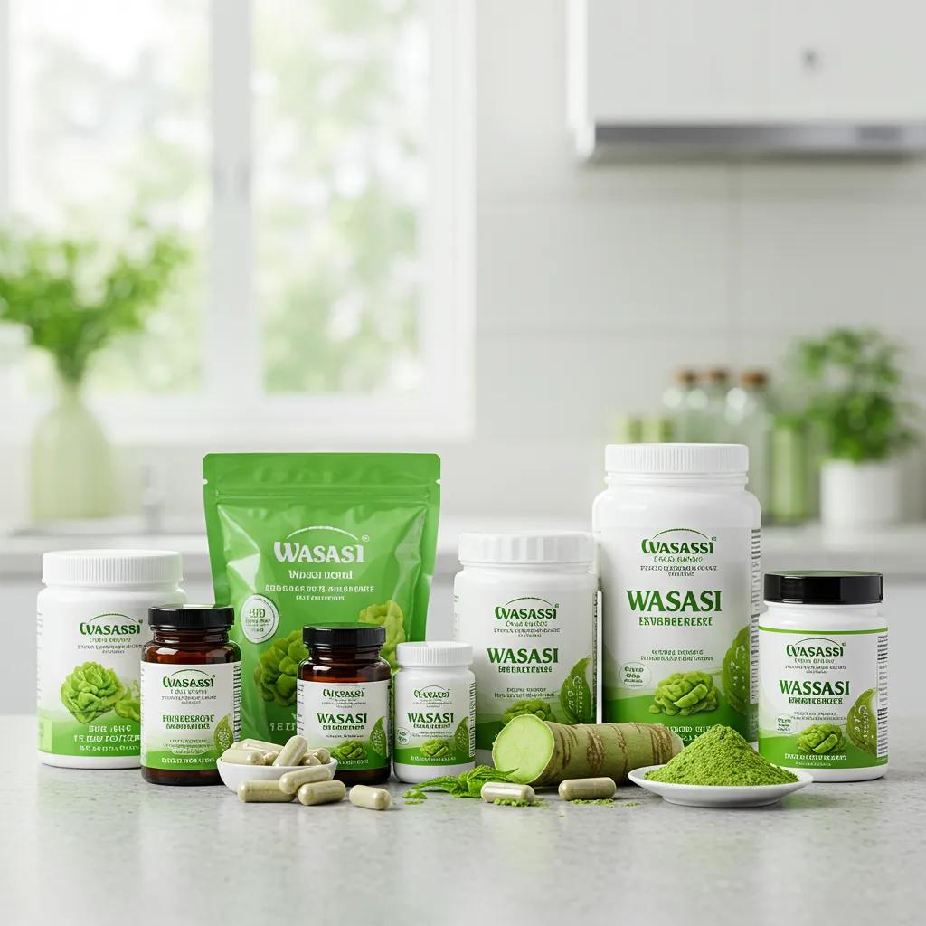 Various forms of wasabi supplements on a kitchen counter, illustrating options for health benefits