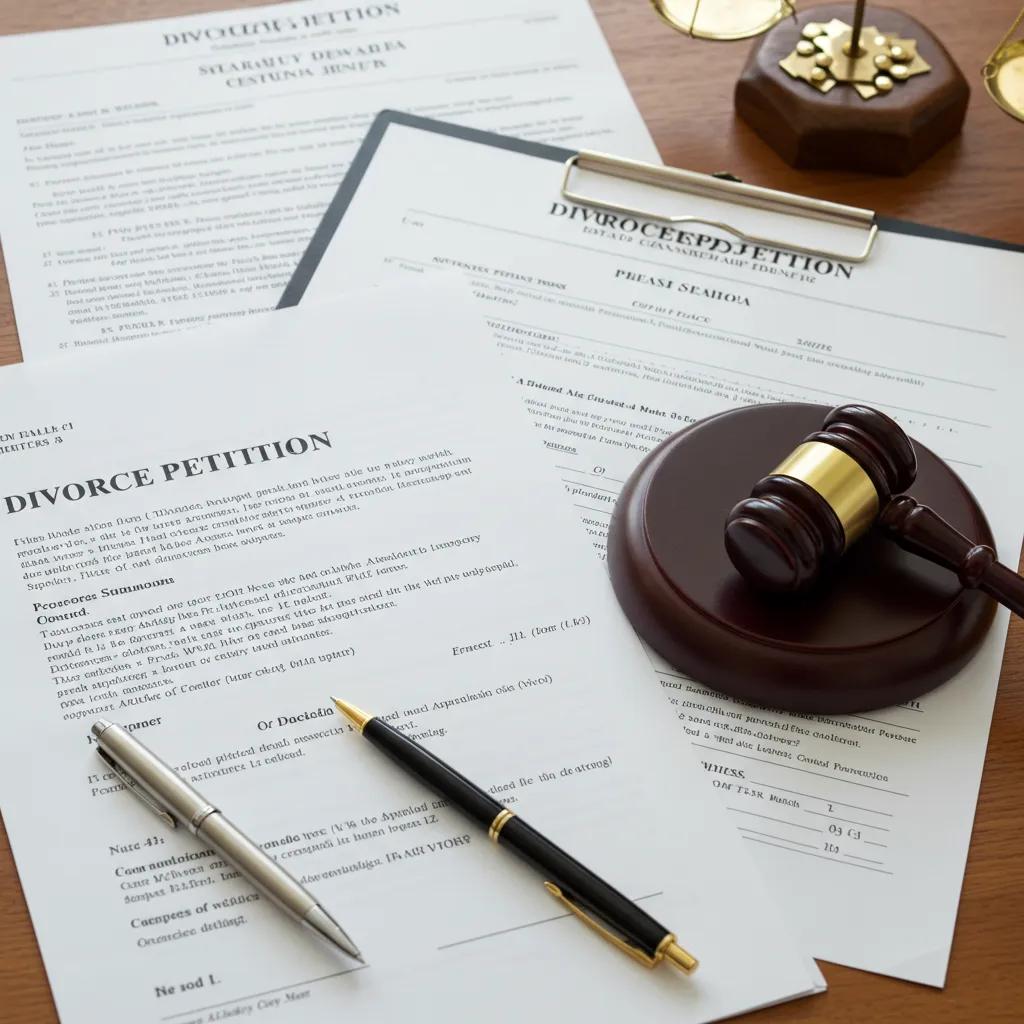 Various legal documents including Divorce Petition and Statutory Demand on a desk