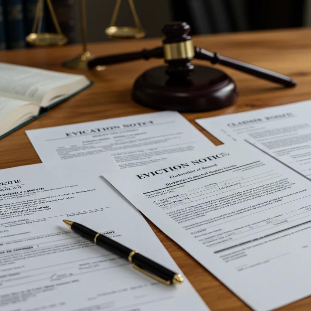 Various legal documents including eviction notices and claim forms laid out on a law office desk