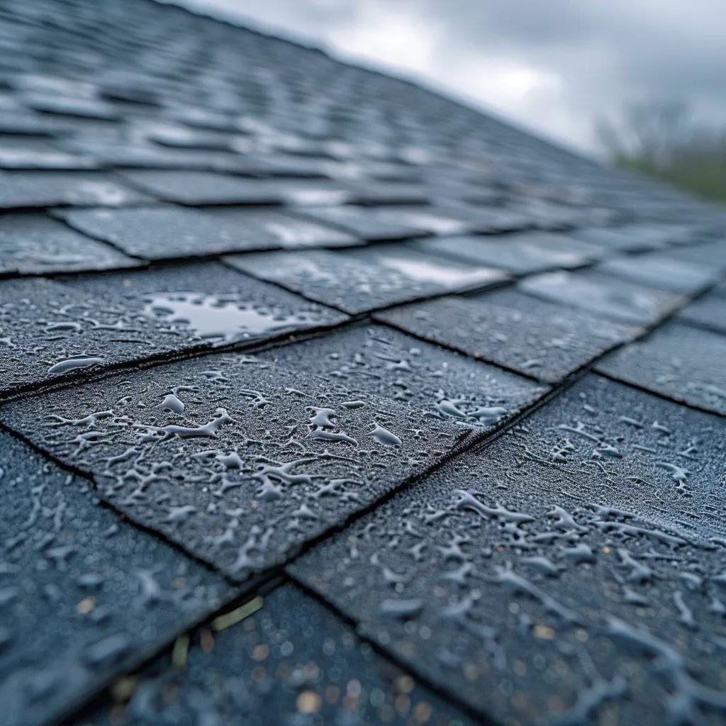 Close-up of storm damage on a roof, highlighting hail dents and cracked shingles