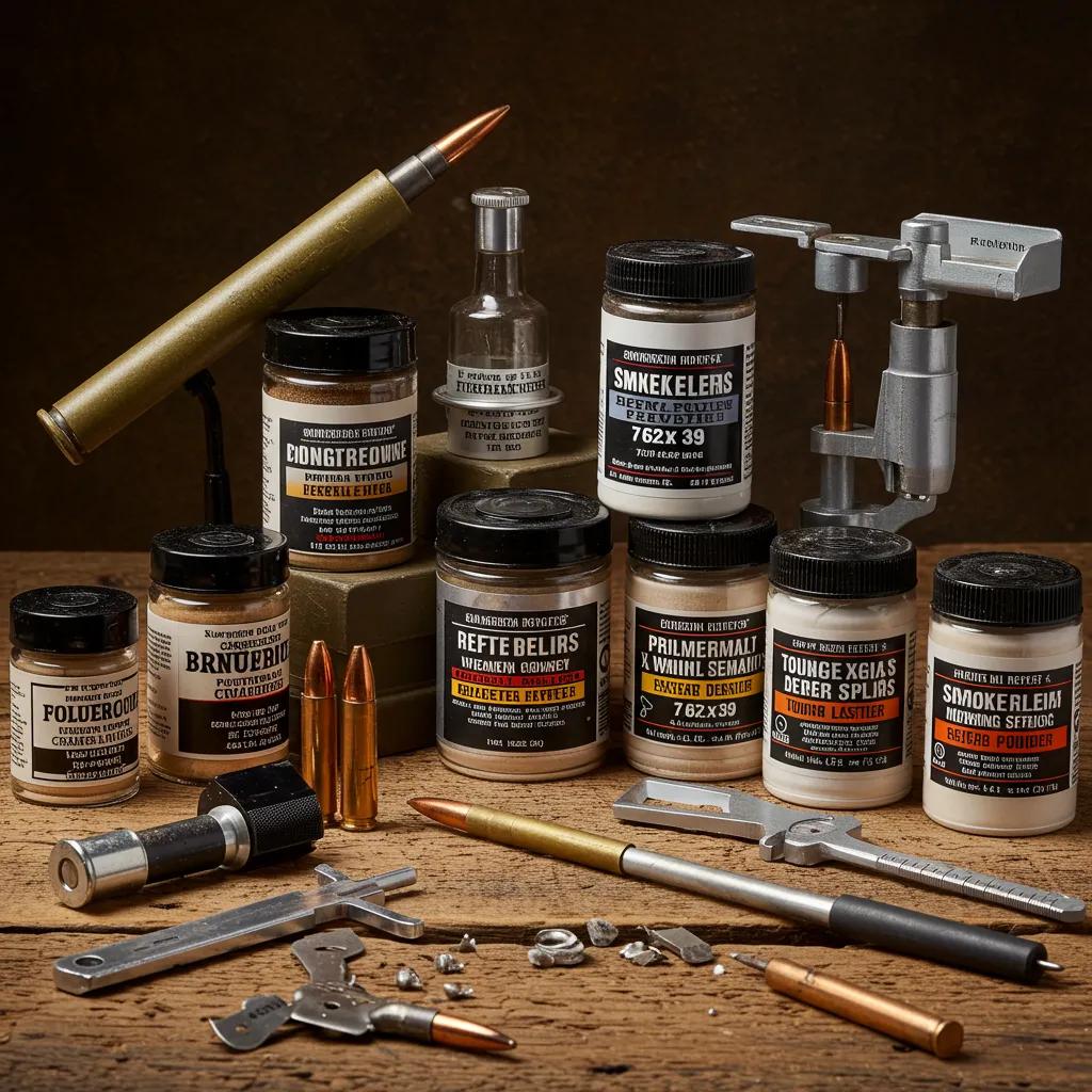 A curated selection of smokeless powders for reloading 7.62x39 ammunition, artfully arranged on a rustic wooden surface
