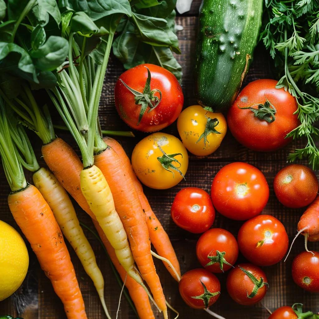 Colorful fruits and vegetables rich in carotenoids, illustrating the natural ingredients in tanning gummies