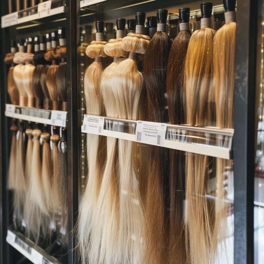 Hair extension vendor display highlighting sourcing transparency and quality