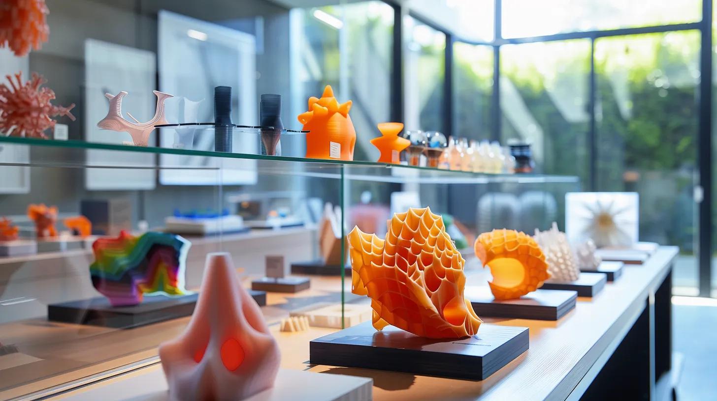 a sleek, modern office filled with vibrant 3d-printed prototypes on a conference table, showcasing the intricate details and precision of fdm technology under bright, focused lighting to emphasize their robustness and versatility.