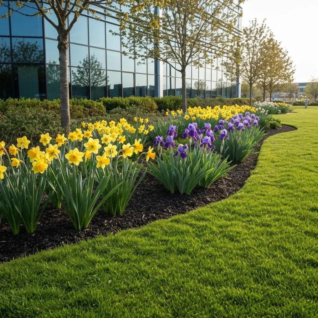 Vibrant commercial lawn care scene with professional crew maintaining a lush landscape