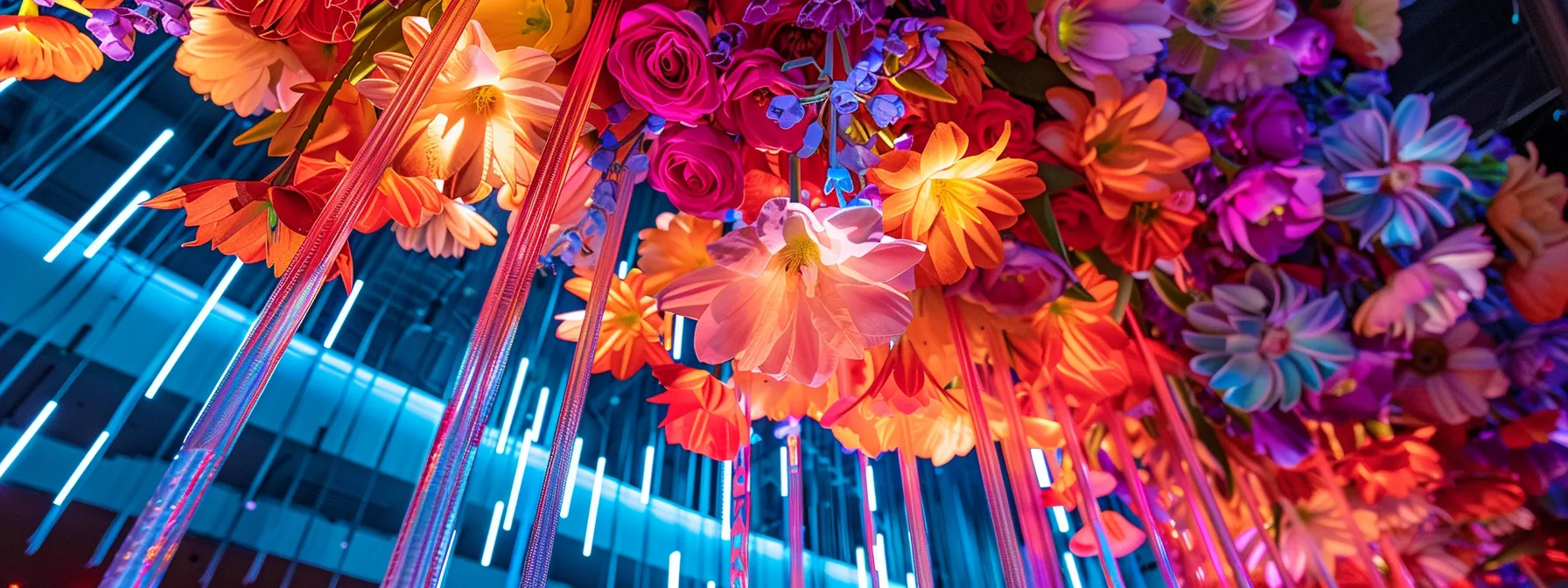 vibrant flowers cascading from a ceiling installation, perfectly matching the corporate event theme with seamless branding integration. vibrant flowers cascading from a ceiling installation, perfectly matching the corporate event theme with seamless branding integration.