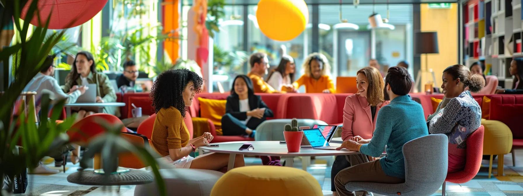 a vibrant office setting showcases a diverse group of engaged employees participating in a dynamic cultural team-building event, with colorful décor and interactive activities that reflect their unique interests and goals.