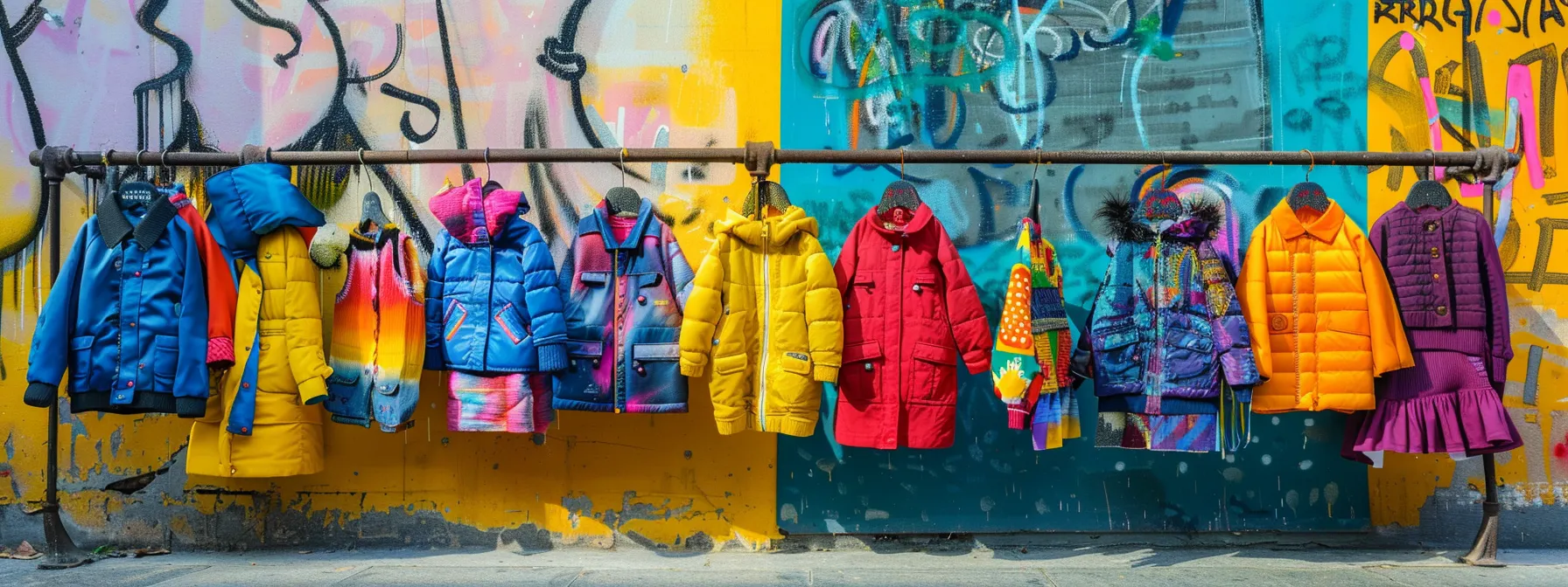 vibrant, stylish kids fashion pieces displayed against an urban backdrop, showcasing the durability and modernity of jordan craig's collection. vibrant, stylish kids fashion pieces displayed against an urban backdrop, showcasing the durability and modernity of jordan craig's collection.