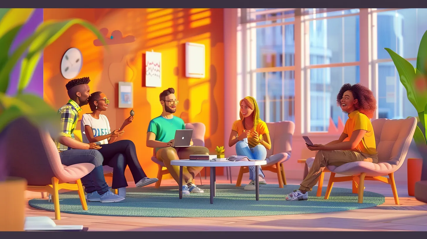 a vibrant, modern virtual meeting room filled with diverse participants engaged in animated discussions, showcasing interactive digital tools and comfortable seating, emphasizing collaboration and support in a mental health setting.
