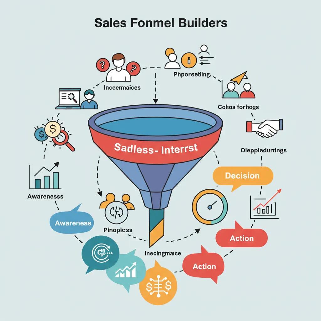 Visual representation of a sales funnel illustrating stages of awareness, interest, decision, and action Visual representation of a sales funnel illustrating stages of awareness, interest, decision, and action