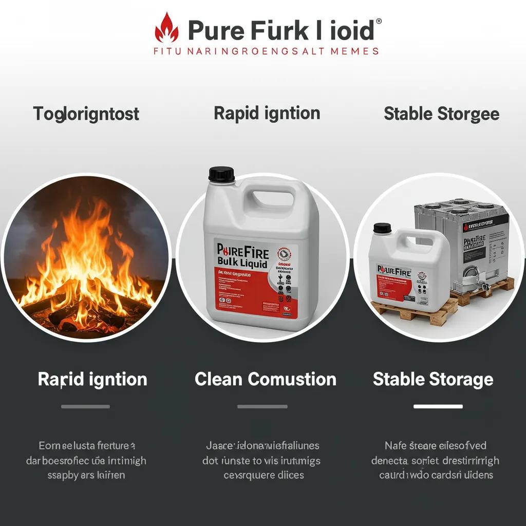 Visual representation of key features of Pure Fire Bulk Liquid: rapid ignition, clean combustion, and stable storage