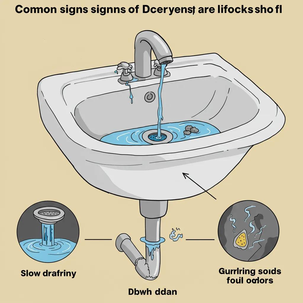 Visual representation of signs indicating clogged drains, including slow drainage and gurgling sounds Visual representation of signs indicating clogged drains, including slow drainage and gurgling sounds