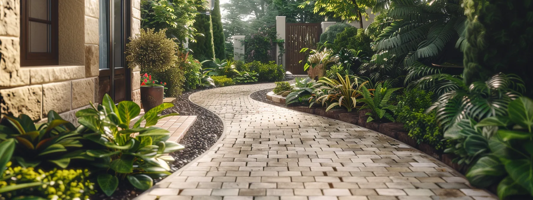 A beautifully designed walkway featuring a mix of stone and pavers, surrounded by lush landscaping.