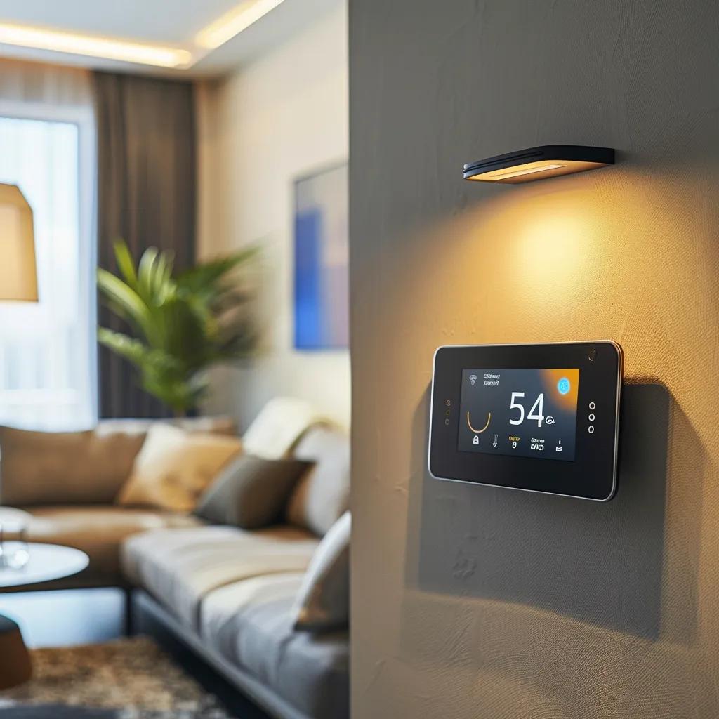 Smart thermostat on a wall in a cozy home, illustrating the benefits of energy efficiency and convenience