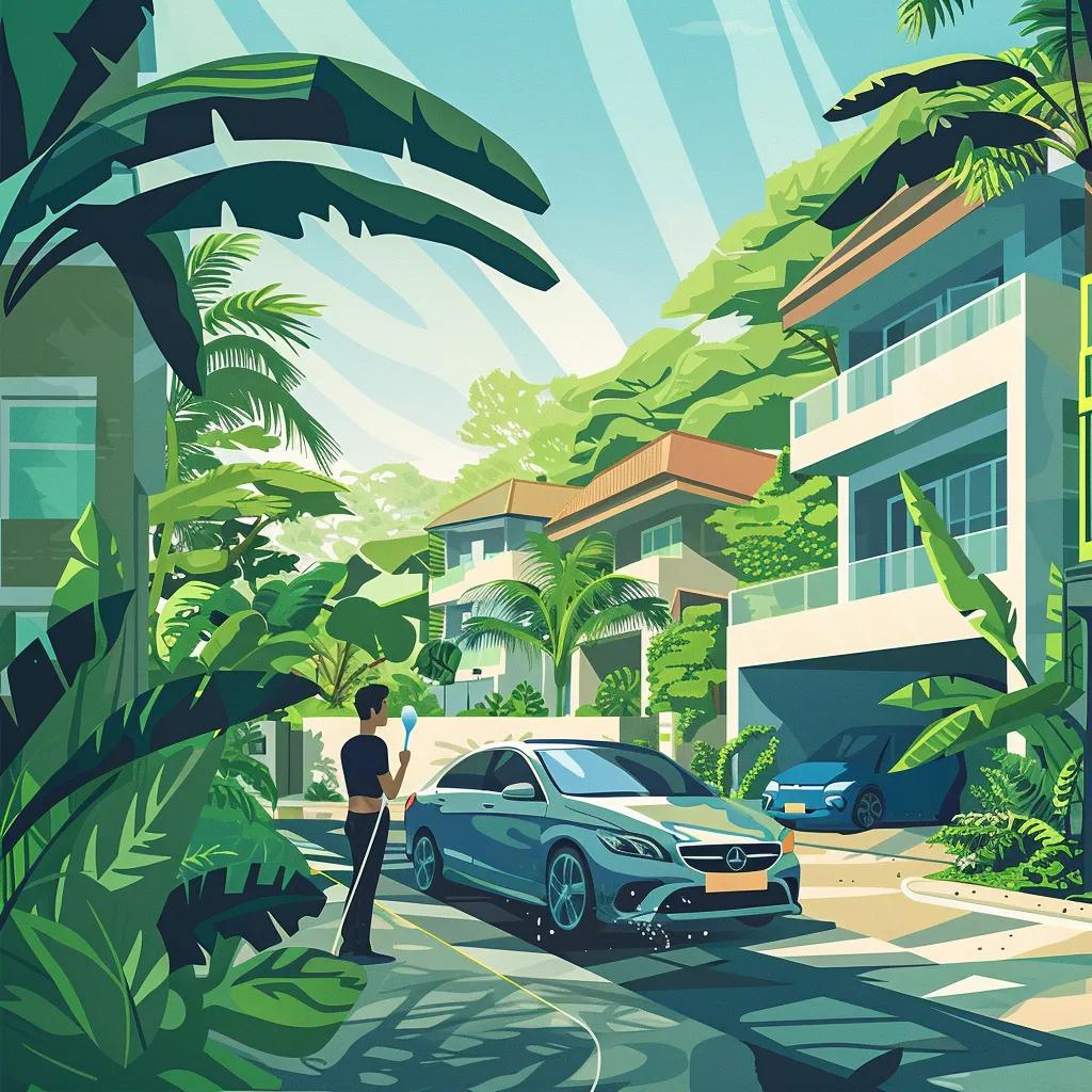 WashCar.sg technician meticulously cleaning a car with eco-friendly products at a Singapore home WashCar.sg technician meticulously cleaning a car with eco-friendly products at a Singapore home