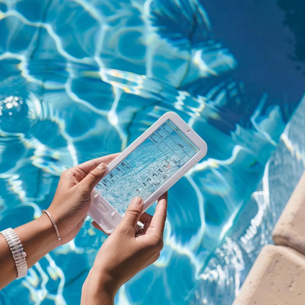 Person testing pool water with a digital kit, emphasizing chemical balance for pool maintenance
