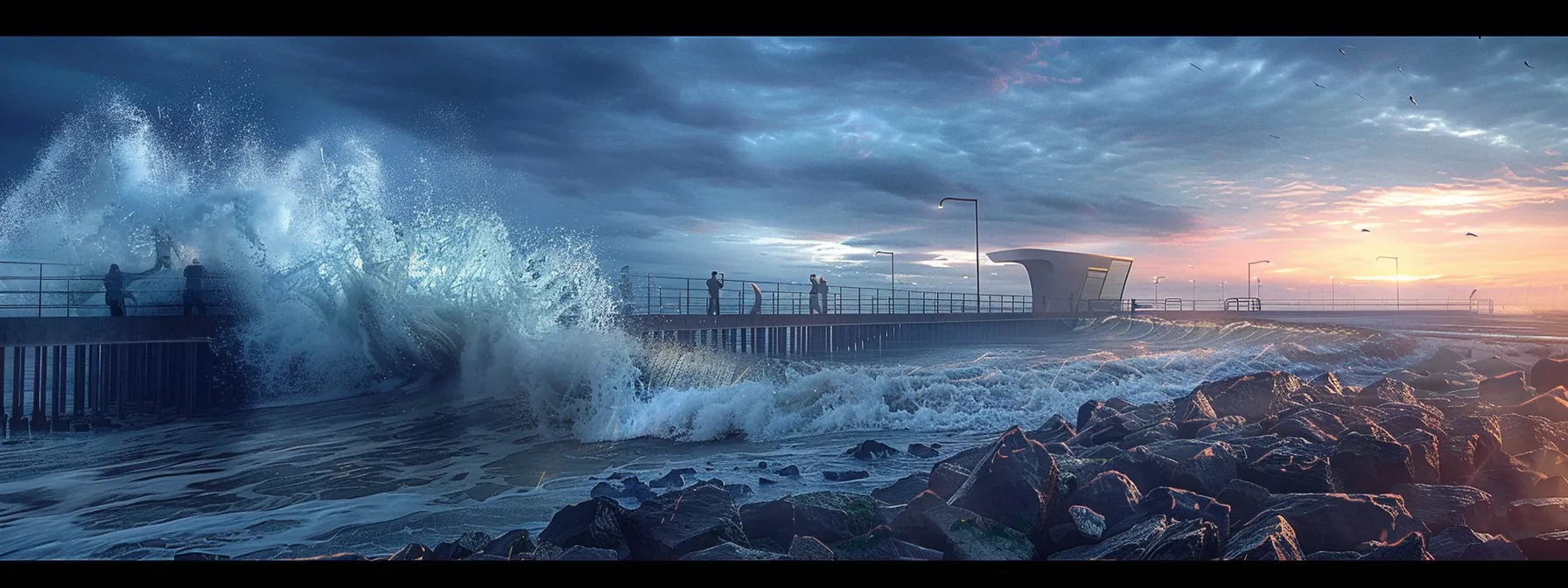 a striking urban waterfront scene showcases dynamic wave action crashing against a rugged jetty, with engineers analyzing shoreline stability measures, emphasizing the powerful interaction between wave energy and coastal structures under dramatic, artificial lighting.