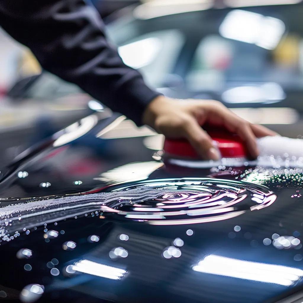A person applying quick wax to a car's paintwork to preserve its finish between professional washes