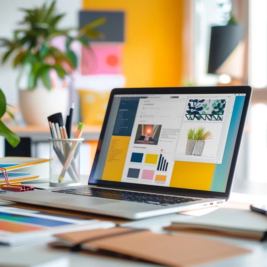 Modern web design workspace with laptop, sketches, and coffee