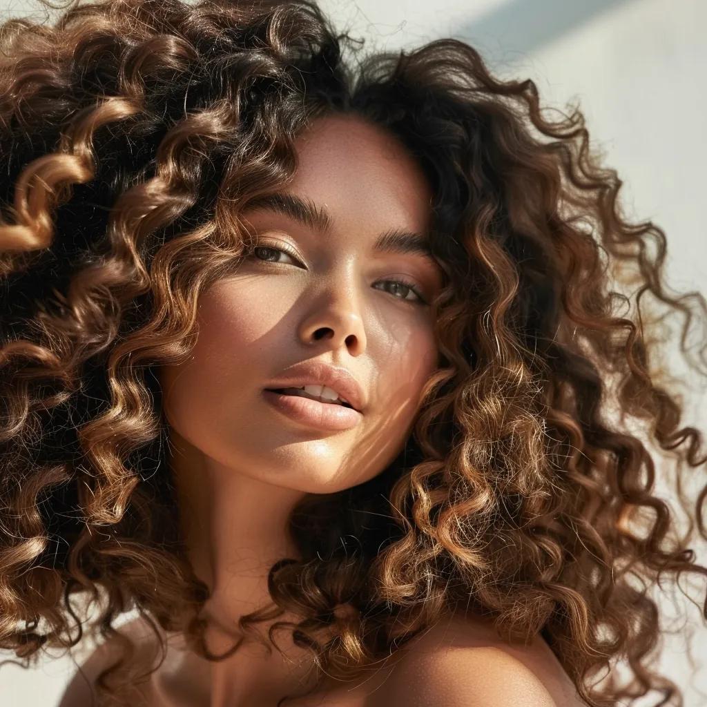 Model with voluminous curls from weft extensions, highlighting styling techniques and hair texture