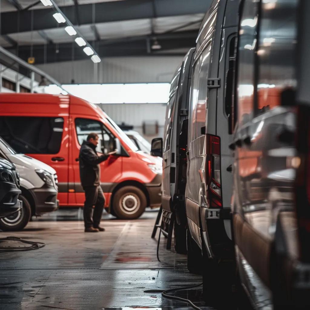 Fleet of vehicles being serviced in an organized automotive workshop